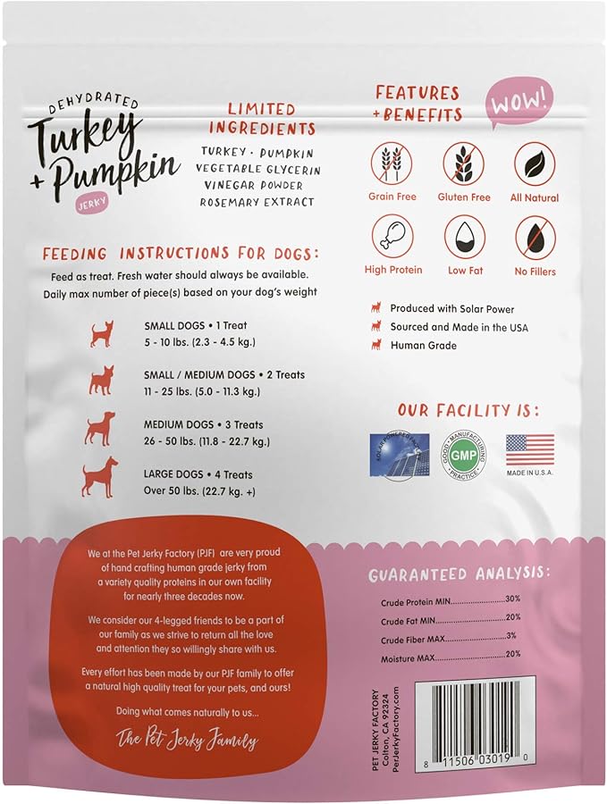 Pet Jerky Factory Turkey & Pumpkin 12 oz. Dog Jerky Treats | 100% Human Grade | USA Made | High Protein | Grain Free | Limited Ingredients | No Filler | BHA-BHT Free | Soft-Tender