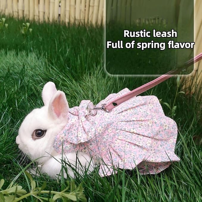 Rabbit Leash and Harness Set Adjustable Bunny Dress Clothes Outfit for Small Pet Ferret Guinea Pig Squirrel Hamster (Pink,S)