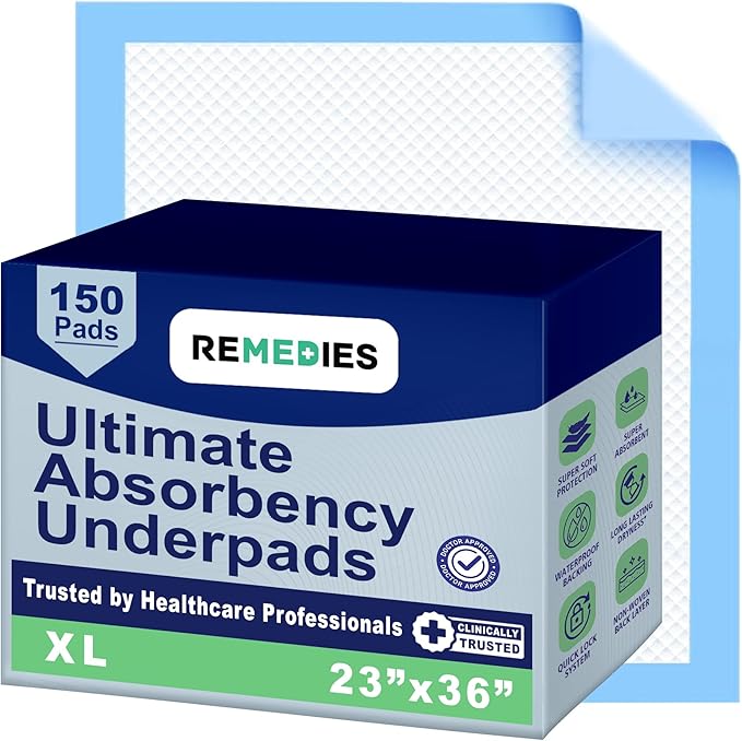 Remedies Disposable Bed Pads – 23" x 36", Large Incontinence Underpads for Adults, Seniors, Kids & Pets – 150 Count, Absorbent Chux Pads for Beds, Furniture & Dog Training