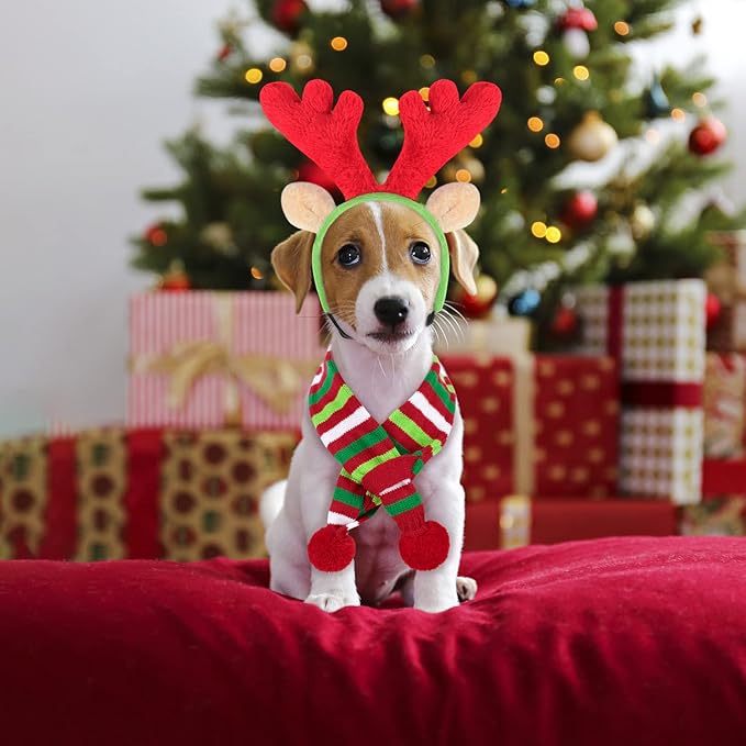BWOGUE Dog Christmas Reindeer Elk Antlers Headband and Red-White-Green Striped Scarf Set Pet Christmas Costume Dog Costumes Accessories for Dogs and Cats