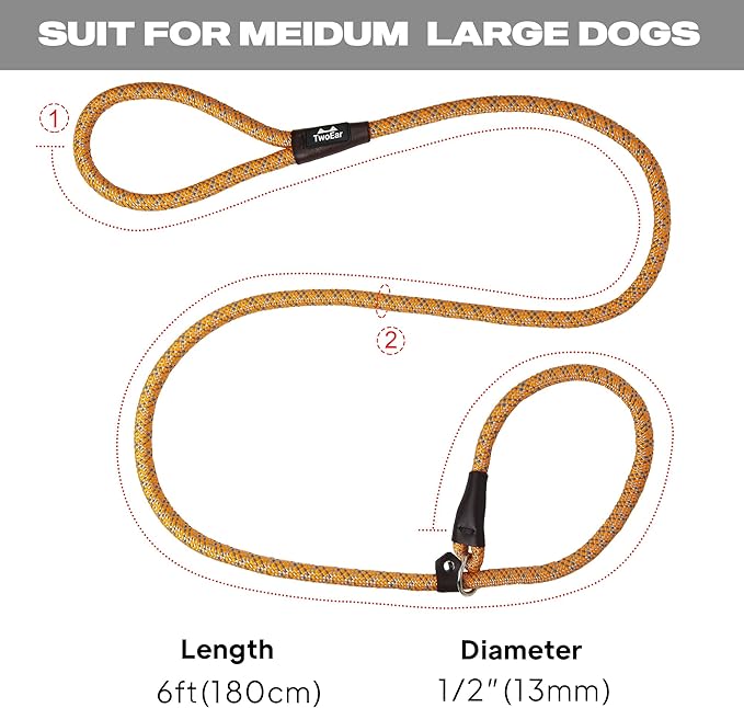 TwoEar Dog Leash Dog Slip Rope Leash 1/2" x 6FT Dog Training Leash Heavy Duty Strong Slip Lead Highly Reflective Threads for Small Medium and Large Dogs(Orange)