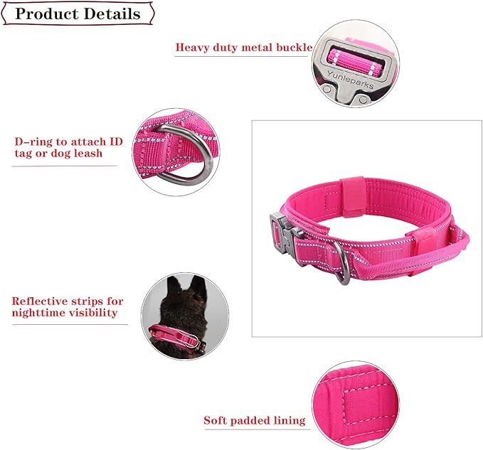 Tactical Dog Collar with Heavy Duty Metal Buckle and Control Handle for Medium Large Dogs Training(Pink, Medium)