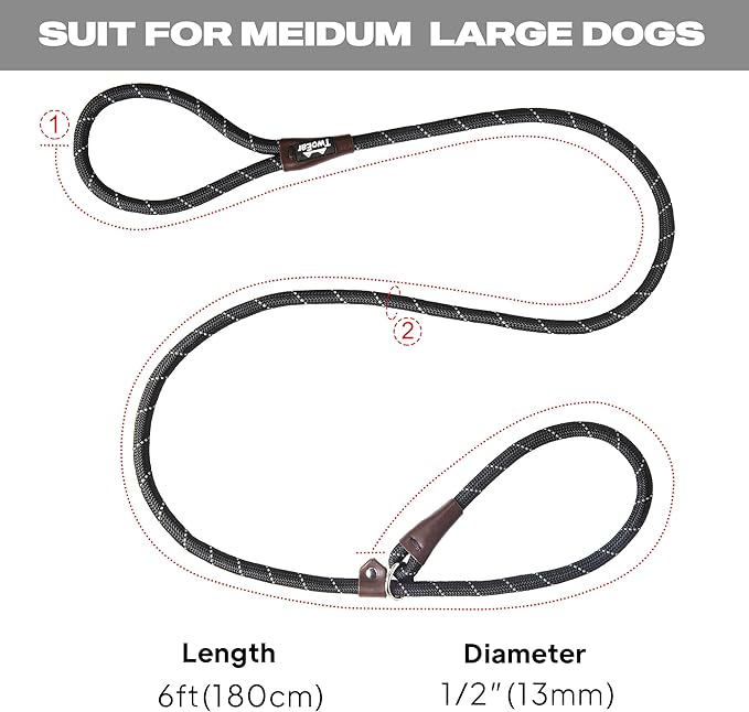 TwoEar Dog Slip Rope Leash - 1/2" x 6FT Heavy Duty Training Leash with Reflective Threads for Small to Large Dogs (Black)