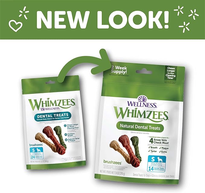 WHIMZEES Wellness Daily Brushzees Dog Dental Treats, Natural Chews, Small Size Stick, (14 Count)