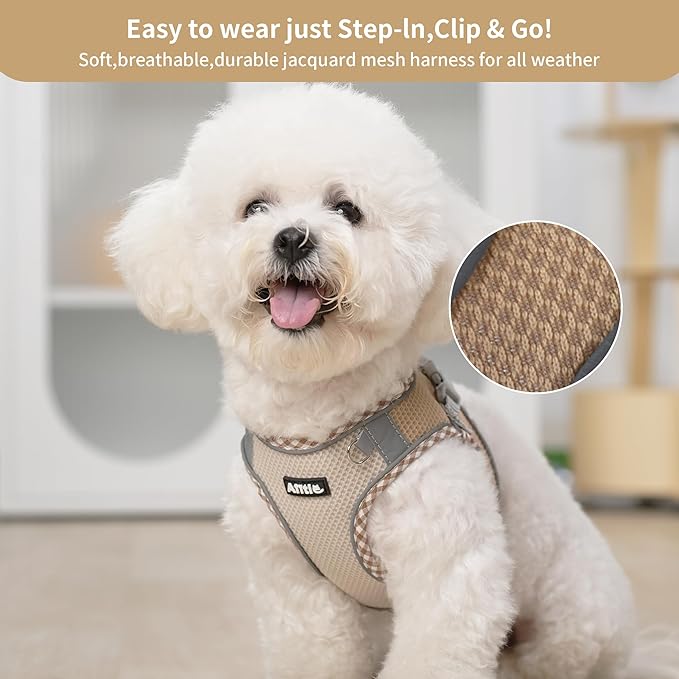 AIITLE Tiny Dog Harness - Lightweight Mesh Step-in Vest for Puppy, Reflective & Escape-Proof Design with High-Stick Velcro - Indoor/Outdoor Use for Chihuahua, Maltese, Shih Tzu(Brown-Beige, XXXS)