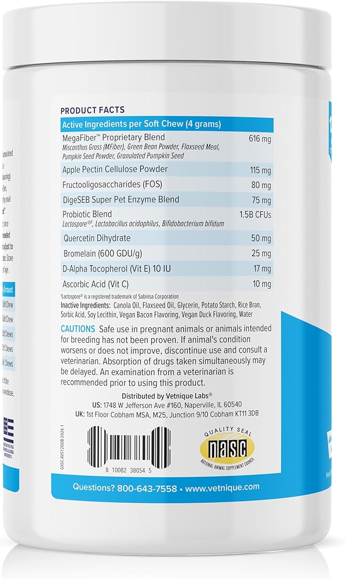 Vetnique Glandex Anal Gland Soft Chew Treats with Pumpkin for Dogs Digestive Enzymes, Probiotics Fiber Supplement for Dogs Boot The Scoot (Advanced Strength Duck/Bacon Chews (Vegetarian), 120 Ct)