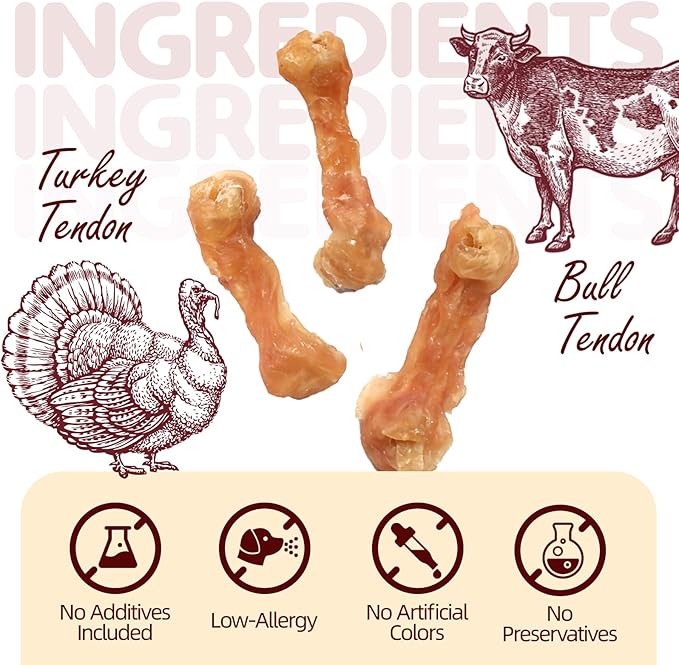 Turkey Tendons for Dogs, Small Dogs Training Treats, Natural Long-Lasting Chews Sticks, High-Protein Beef Tendons, Healthy Hypoallergenic Beggin Bone【S】(10 Units/Pack, 4.23 oz)