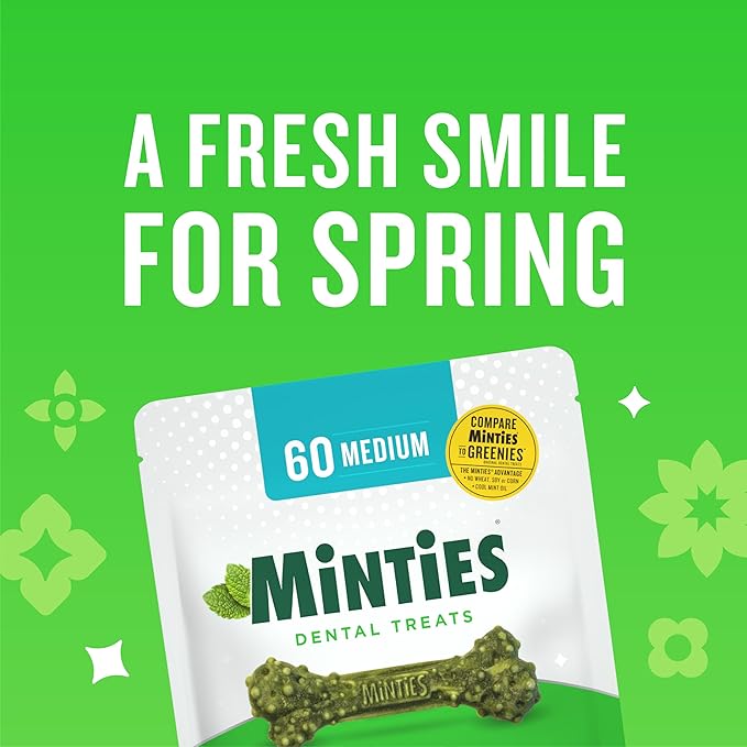 Minties Dental Chews for Dogs, 40 Count, Vet-Recommended Mint-Flavored Dental Treats for Medium Dogs 25-50 lbs, Dental Bones Clean Teeth, Fight Bad Breath, and Removes Plaque and Tartar