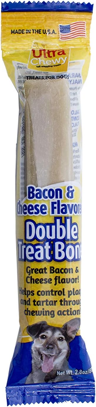 Ultra Chewy Double Treat Bones: Long-Lasting Dog Treats Made in USA for Large and Small Breeds, Highly Digestible, Ideal for Aggressive Chewers (Bacon & Cheese, 24 Count)