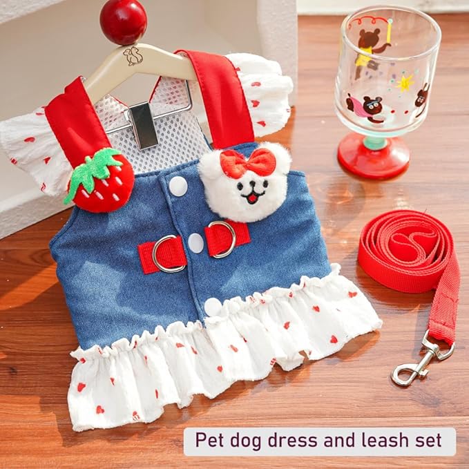 ANIAC Denim Dog Dress Harness with Leash Set Cute Small Dogs Clothes Girl Heart Patterns Puppy Dresses Breathable Mesh Cat Harness Leash Strawberry Chihuahua Yorkie Outfit (White Heart, Small)