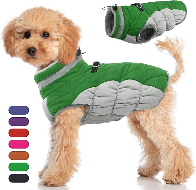 Winter Dog Coat,Large Dog Jacket,Waterproof Pet Jacket with Back Zipper,Pet Coat with Harness Built in,Warm Dogs Coat with Fleece Lined, Snow Jacket Clothes French Bulldog Shiba Inu,Green,L