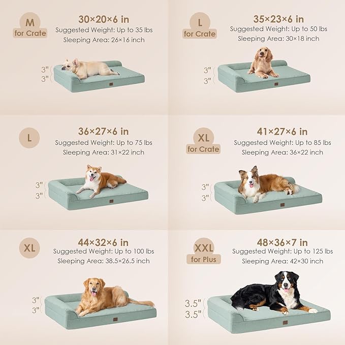 EHEYCIGA Memory Foam Dog Bed Large Sized Dogs, Pet Bed for Large Dog for Crate with Waterproof Liner, Pet Couch Bed Orthopedic with Washable Removable Cover, 35x23x6 Inches, Greyish Green
