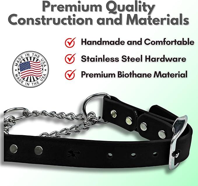 Martingale Collar for Dogs, Biothane, Stainless Steel Hardware, No Pull, Made in The USA, Professional Grade, XS, Black