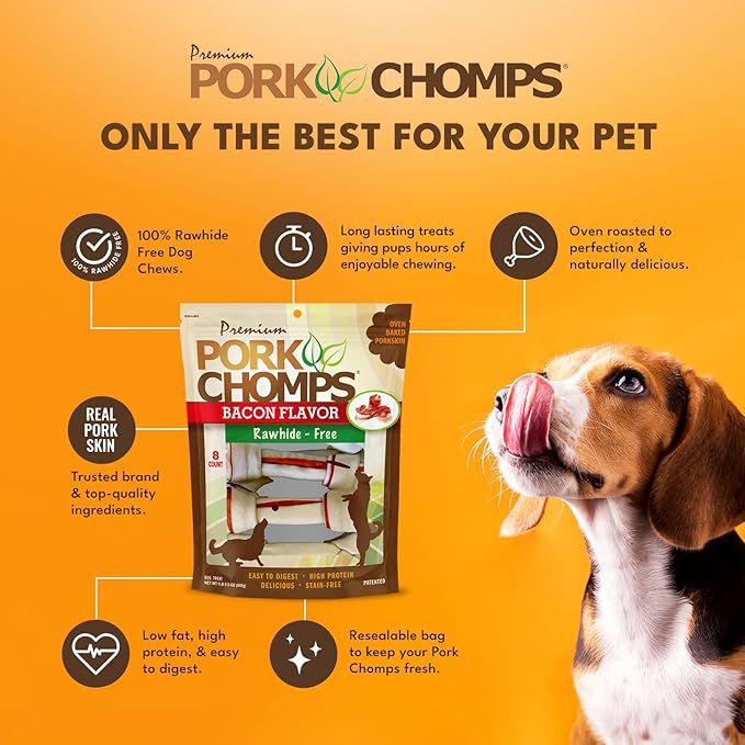Pork Chomps Baked Pork Skin Dog Chews, 6-inch Knots, Bacon Flavor Strip, 8 Count
