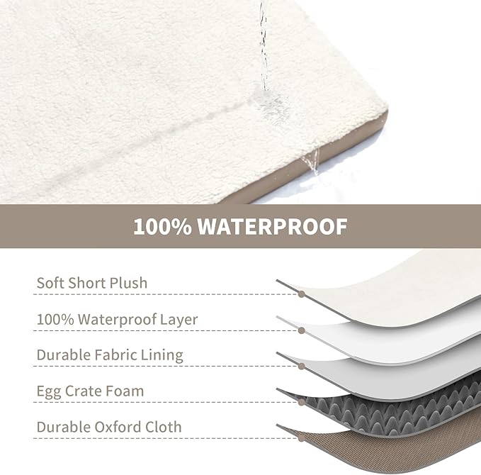 Orthopedic Dog Bed for Extra Large Dogs, XL Waterproof, Egg Crate Foam with Removable Washable Oxford Cooling Cover, Khaki White