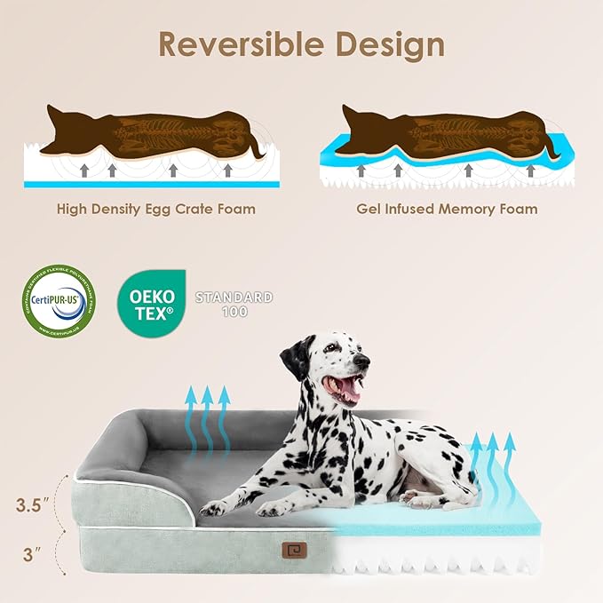 EHEYCIGA Orthopedic Dog Beds for Extra Large Dogs, Waterproof Memory Foam XL Dog Bed with Sides, Non-Slip Bottom and Egg-Crate Foam Big Pet Couch Bed with Washable Removable Cover, Greyish Green