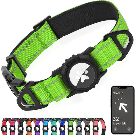 Joytale Airtag Dog Collar, Dual D-Rings, Reflective Pet Collar with Waterproof AirTag Holder, Soft Padded Adjustable for Medium Dogs, Green, M