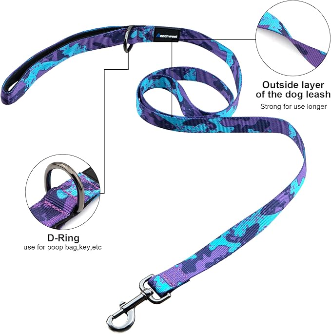 Annchwool No Pull Dog Harness with Padded Handle+5 Ft Leash,Escape Proof and Quick Fit to Adjust Dog Harness,Easy for Training Walking for Small & Medium and Large Dogs(Camo Purple Set,XL)