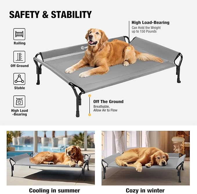 Veehoo Cooling Elevated Dog Bed, XL Raised Pet Cot with Guardrail & Slope Headrest, Durable Breathable Teslin Mesh, Non-Slip Feet, Washable Dog Couch Bed for Indoor & Outdoor, 50.5" x 33.5, Gray