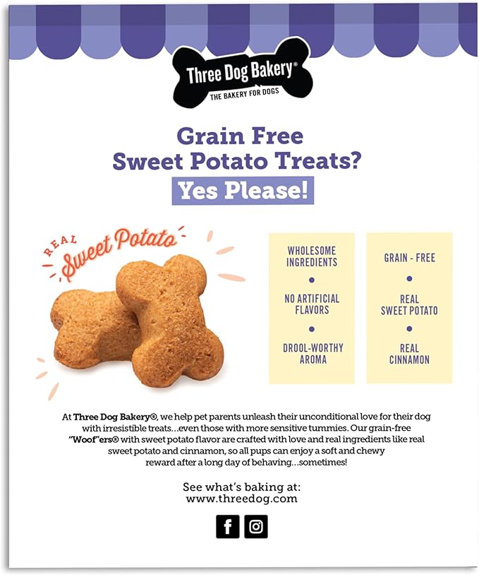 Three Dog Bakery Grain Free Wafers Baked Dog Treats, Sweet Potato, 13 oz