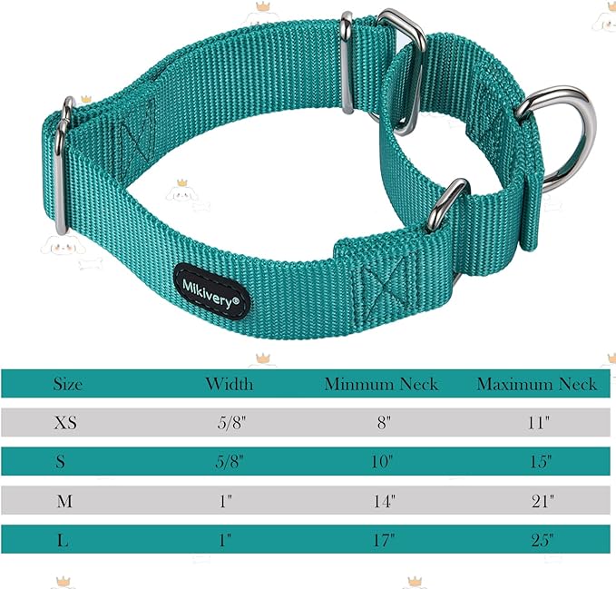 Mikivery Martingale Dog Collar Nylon Adjustable and Safety Training Colourful Comfortable Metal Buckle Pet Collars for Small Medium and Large Dogs(Teal,L)