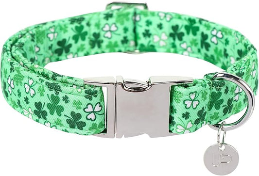 St. Patrick's Dog Collar, Cotton St. Patricks Clover Collar for Puppy Girl Boy Dog or Cat, Lucky Shamrock Dog Collar with Metal Buckle, Green, Spring, M