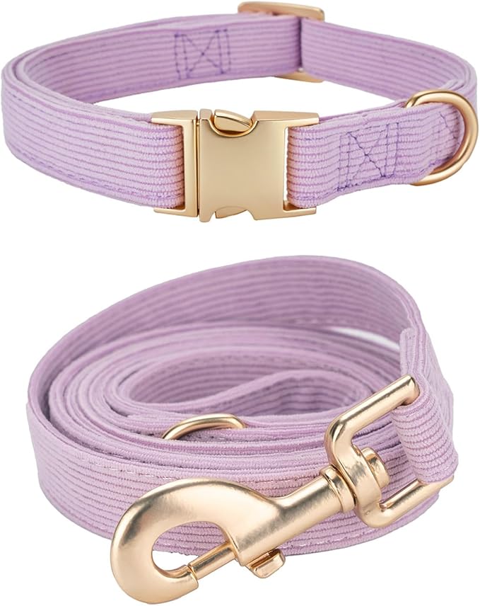 Soft Corduroy Dog Collar and Leash Set, Adjustable Cotton Dog Collars with Metal Buckle and Lead for Medium Dogs,Lilac