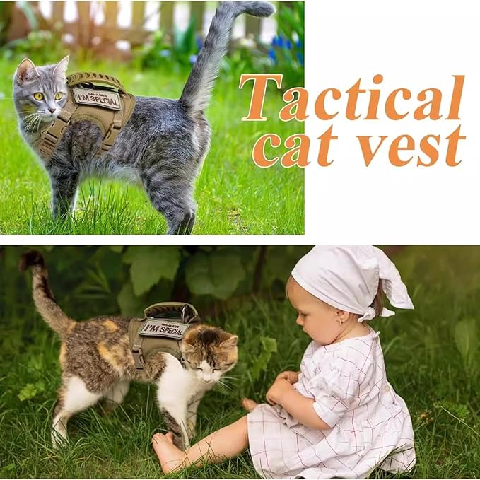 Tactical Cat Harness and Leash Set for Walking Escape Proof Adjustable Large Cat Vest Harness with Patches Soft Mesh Padding Rubber Handle Easy to Control (Khaki Harness & Leash)
