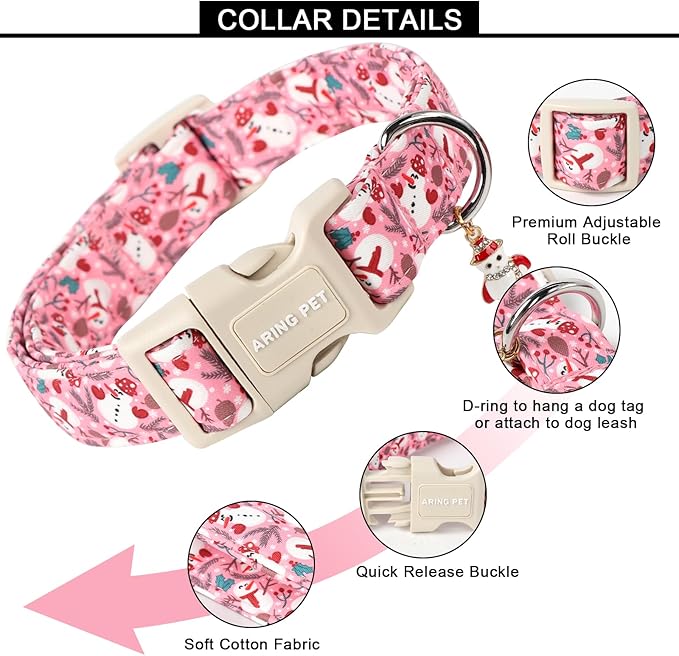 ARING PET Christmas Dog Collar-Cute Pink Snowman Dog Collars, Adjustable Christmas Pet Collars Puppy Collar with Quick Release Buckle for Girl&Boy Dogs