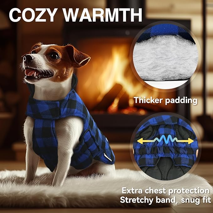 VIVAGLORY SoftJoy Dog Winter Coat - British Style Plaid Jacket & Vest for Cold Weather, Snow, Outdoor - Reversible, Warm, Heavy Duty - XXS Sapphire Blue Plaid