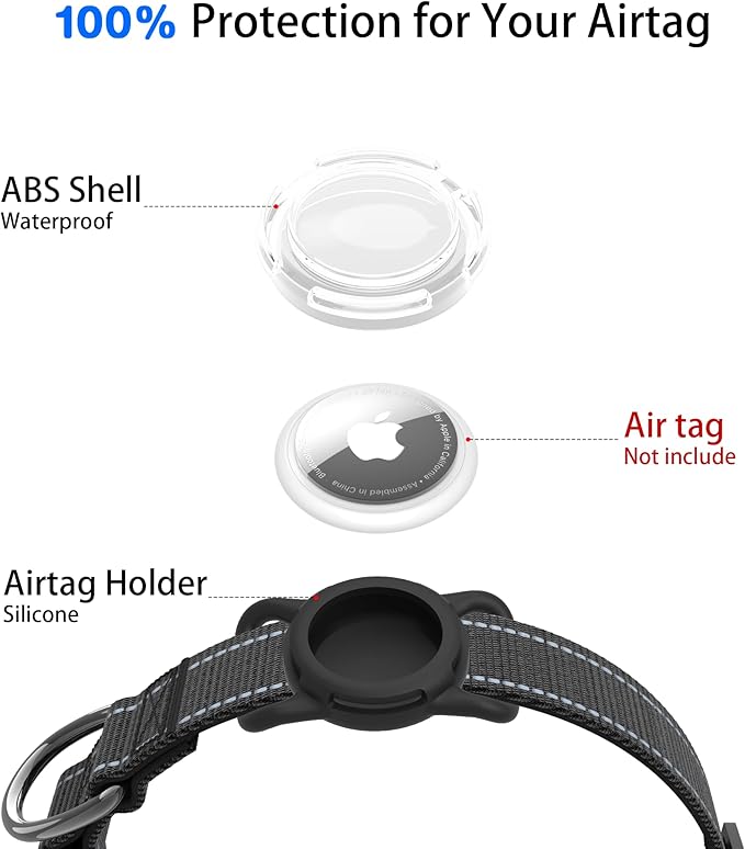 Dog Collar with QR Code, Reflective Dog Collar, Soft Neoprene Padded & Safety Locking Buckle Adjustable Pet Collar (Black, L-with Airtag Holder)