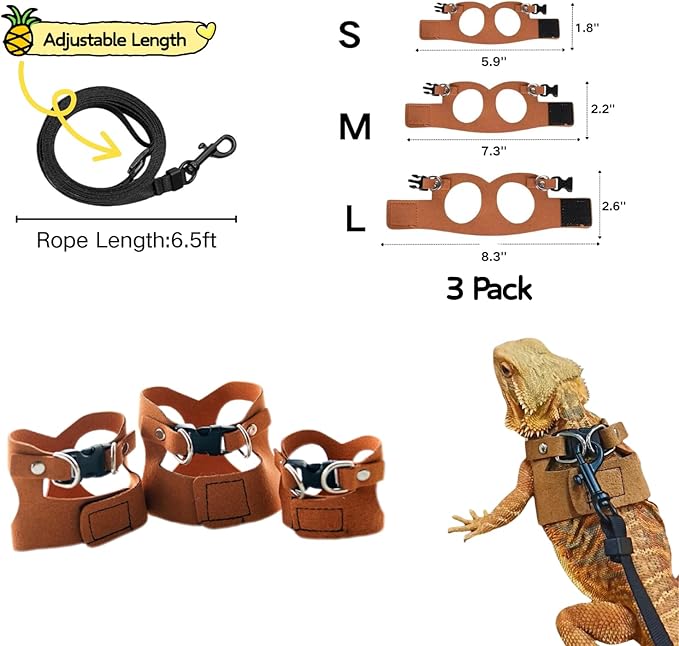 Bearded Dragon Harness and Leash Set, Adjustable Harness Soft Leather-3 Sizes (S, M, L) with Leash, Lizard Reptile Traction Rope Walking Vest Accessories for Bearded Dragon, Iguana or Gecko (Brown)