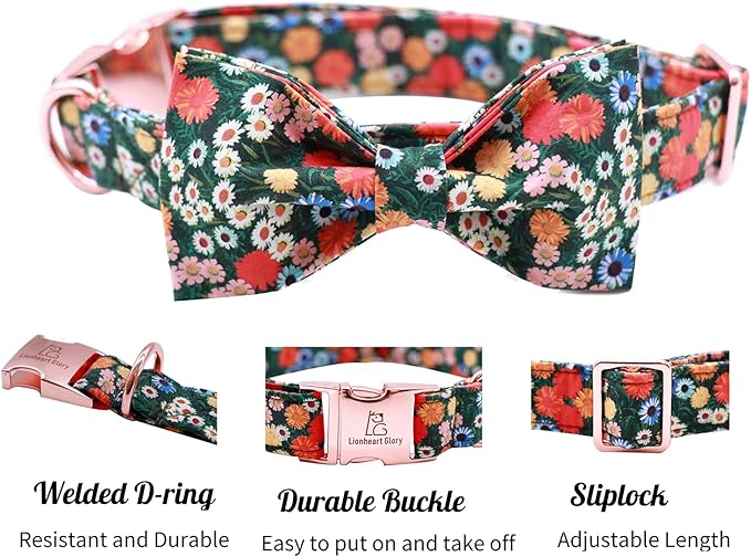 Lionheart glory Floral Print Dog Collar Adjustable Soft Dog Collar with Bowtie, Girl Pet Collars for X-Small Small Medium Large Dogs