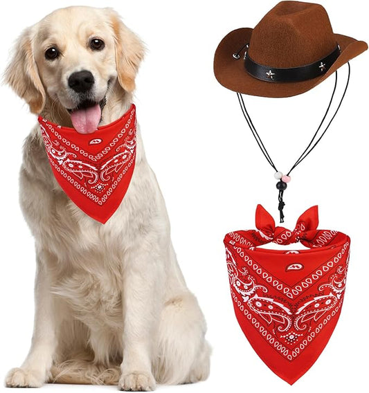 PUPTECK Paisley Dog Bandana Outfit Scarf with Cute Doggy Cowboy Hat, Halloween Costume Decorations Supplies for Small Medium Large Dogs Boy Girl Gifts, Brown & Red