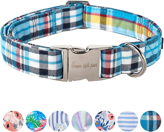 Unique Style Paws Metal Buckle Blue Plaid Collar - Durable & Cute for Small, Medium & Large Dogs