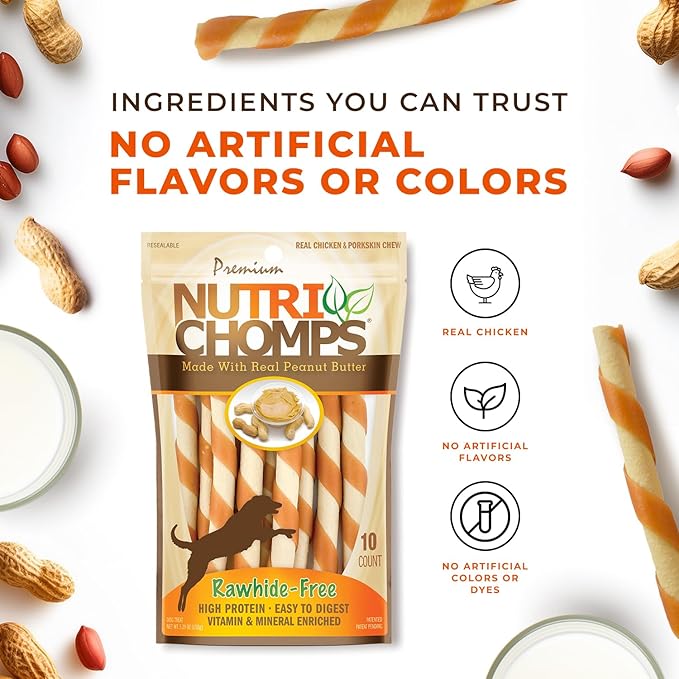 NutriChomps Dog Chews 5-inch Twists, Easy to Digest, Rawhide-Free Dog Treats, 10 Count, Real Peanut Butter Flavor, Bundle of 2, 20 Count, NT063V-2