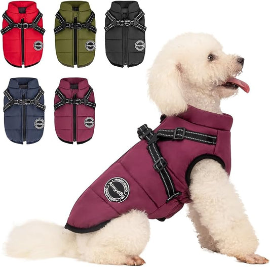 Warm Winter Coat for Dogs, Fashionable Sports Jacket with Built-in Harness, Reflective & Adjustable Pet Vest, Waterproof Windproof Apparel for Small Dogs (Purple)