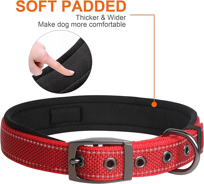 Fida Heavy Duty Dog Collar, Ultra Comfortable Soft Neoprene Padded, Adjustable Reflective Nylon Pet Collar with Durable Metal Belt Buckle for Small Breeds (S, Red)