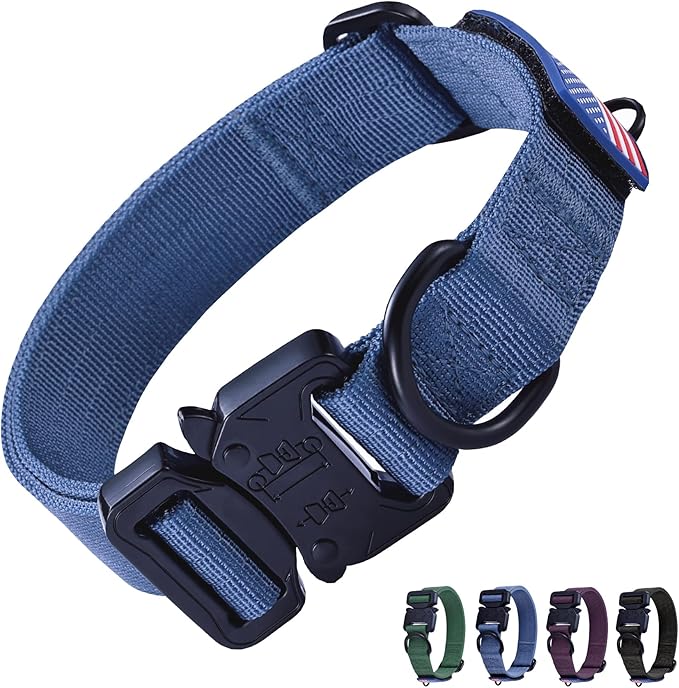KCUCOP Heavy Duty Dog Collar - Adjustable Tactical Military Dog Collars with Metal Buckle, Quick Release, 2 D-Rings & Flag Patch for Medium & Large Dogs(Blue-L)
