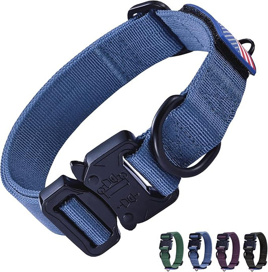 KCUCOP Heavy Duty Dog Collar - Adjustable Tactical Military Dog Collars with Metal Buckle, Quick Release, 2 D-Rings & Flag Patch for Medium & Large Dogs(Blue-L)
