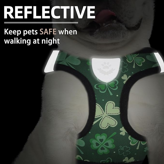PUPTECK Adjustable Dog Harness Collar and Leash Set Step in No Pull Pet Harness for Small Medium Dogs Puppy and Cats Outdoor Walking Running, Soft Mesh Padded Reflective Vest St. Patrick's Harnesses