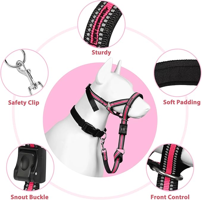 BARKLESS Soft Dog Head Collar, Patented Padded No Pull Head Halter, Training Nose Leash with Safety Link for Medium Large Dogs, Adjustable Muzzle Leash, Easy Control for Walking(Pink, M)