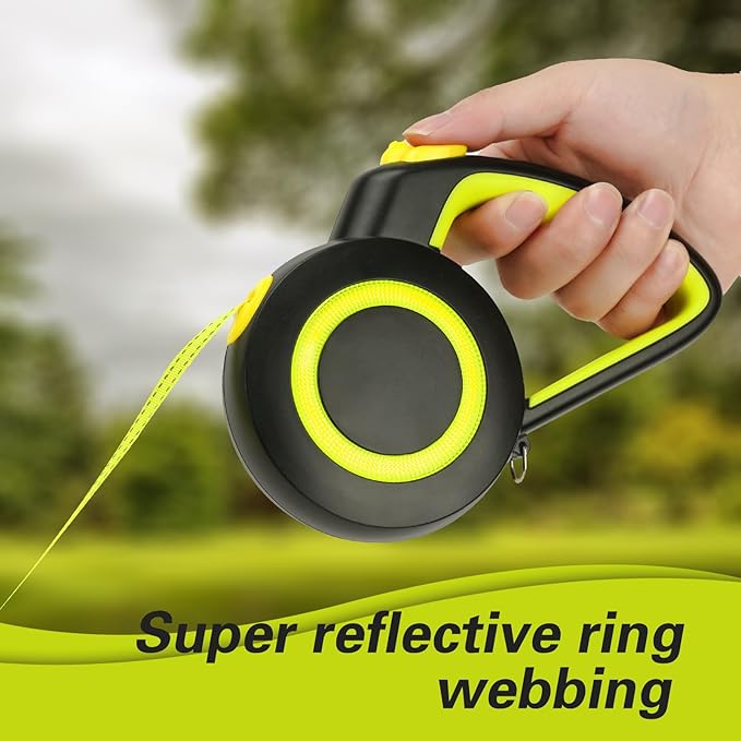 Retractable Dog Leash,Night Reflection,Light Weight Leash for Small to Dogs/Cats,Stainless Steel Spring,Strong Nylon Tape, One-Handed Brake (Black-Yellow)
