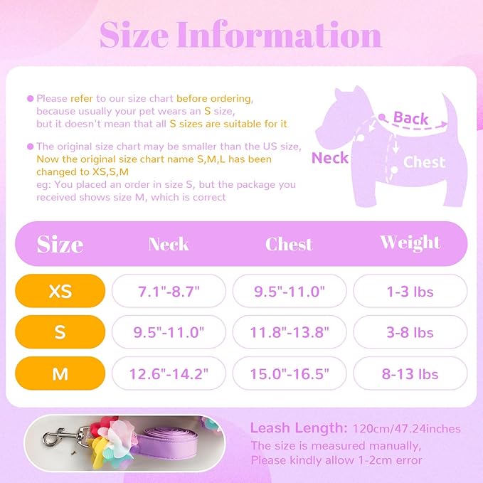 Cute Dog & Cat Harness Set - Purple Lace Floral Girl Puppy Harness - Soft Mesh, Escape Proof, Small Sizes