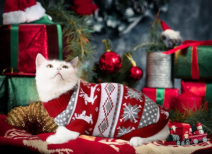 3Pcs Christmas Dog Sweater Costume Xmas Cat Knitwear Clothes Navy Blue White and Christmas Red Sweaters with Reindeers Snowflakes Pattern for Kitten Cat Puppy Dog XS