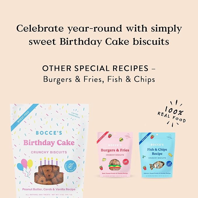 Bocce's Bakery Birthday Cake Treats for Dogs - Special Edition Wheat-Free Dog Treats, Made with Real Ingredients, Baked in The USA, All-Natural Peanut Butter Vanilla Biscuits, 5 oz