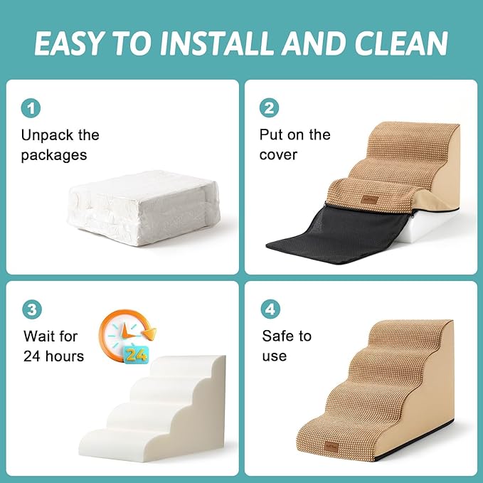 Dog Stairs for Small Dogs 15.7" H, Curved Dog Step for Puppy, Older Cat, Medium Pet Ramp for Sofa, Couch or Bed, Ladder with High Density Foam, 15.7x22.4x15.7 inch, 3 Step, Light Brown