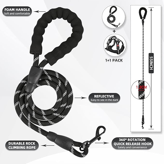 No Pull Dog Harness with Free Heavy Duty 5ft Leash, Adjustable Soft Padded Dog Vest, Reflective No-Choke Oxford Vest with Easy Control Handle (Black, Medium)