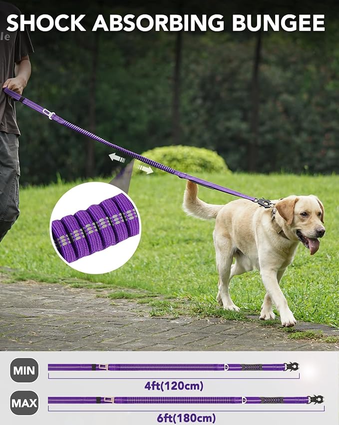Joytale Tactical Dog Leash Heavy Duty, 4-6FT Shock Absorbing Bungee Lead with 2 Padded Handle, Metal Carabiner Clip, Car Seatbelt, Strong No Pull Leash for Medium Large X-Large Dogs, Purple