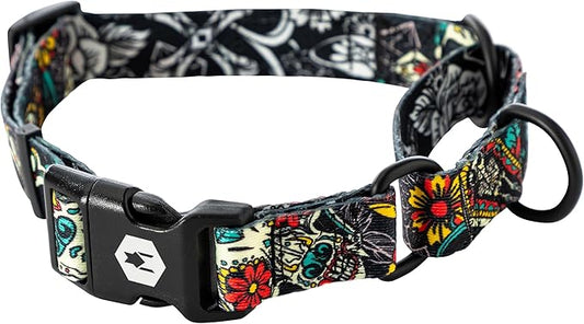 Wolfgang Heavy Duty Martingale Dog Collar with Quick Release Nylon Buckle for Walking & Training, LosMuertos Print, Large